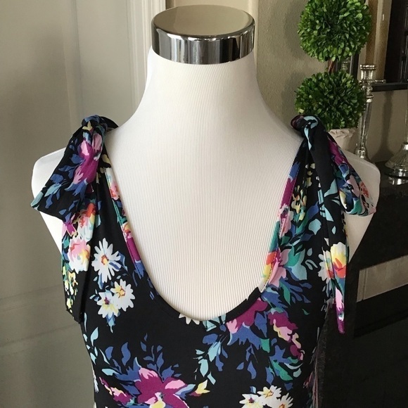 Floral Maxi Sundress Junior SMALL Sleeveless Shoulder Tie Stretch Poof New York - Picture 2 of 16